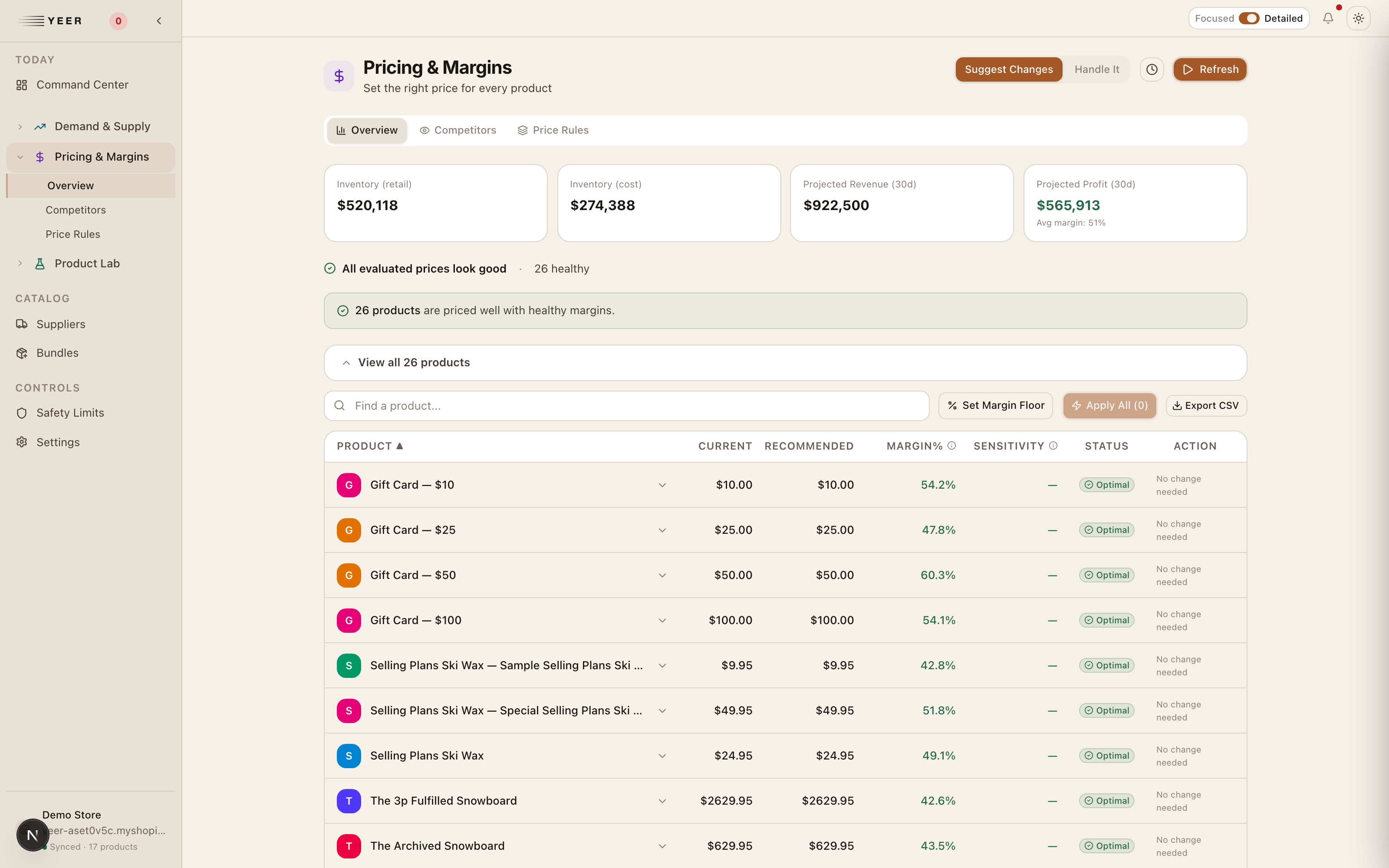 Pricing & Margins — every product priced with true margin after all costs, with recommended prices