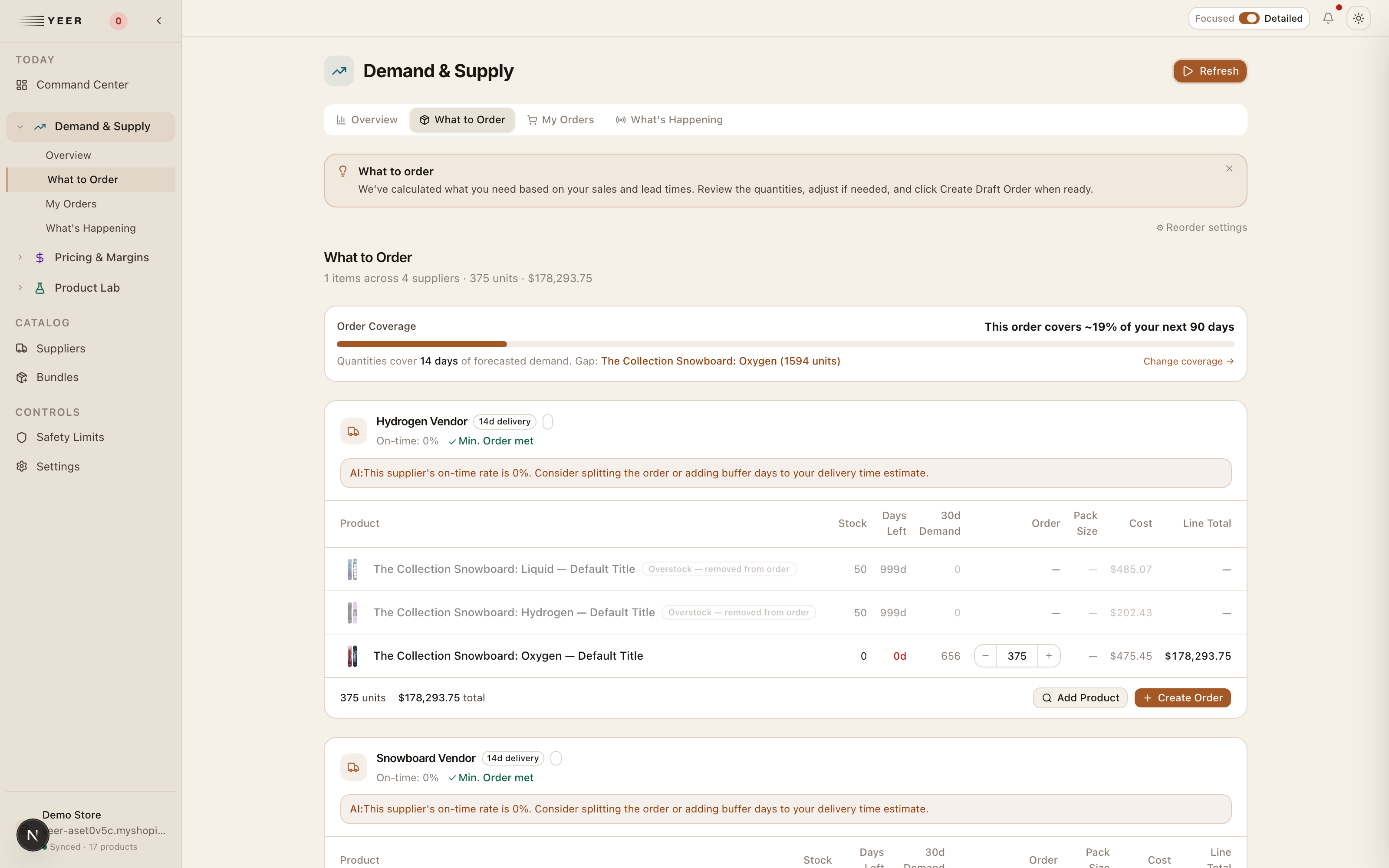 What to Order — AI reorder suggestions with days-of-cover and draft purchase orders grouped by supplier